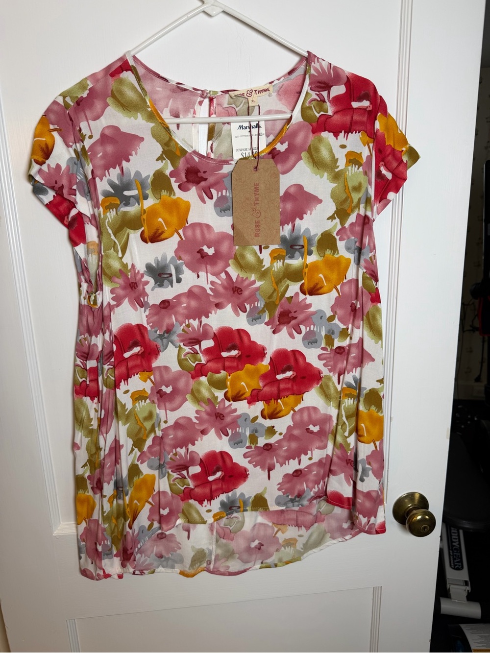 Rose & Thyme Multicolor Floral Round Neck Short Sleeve Blouse Women’s XL